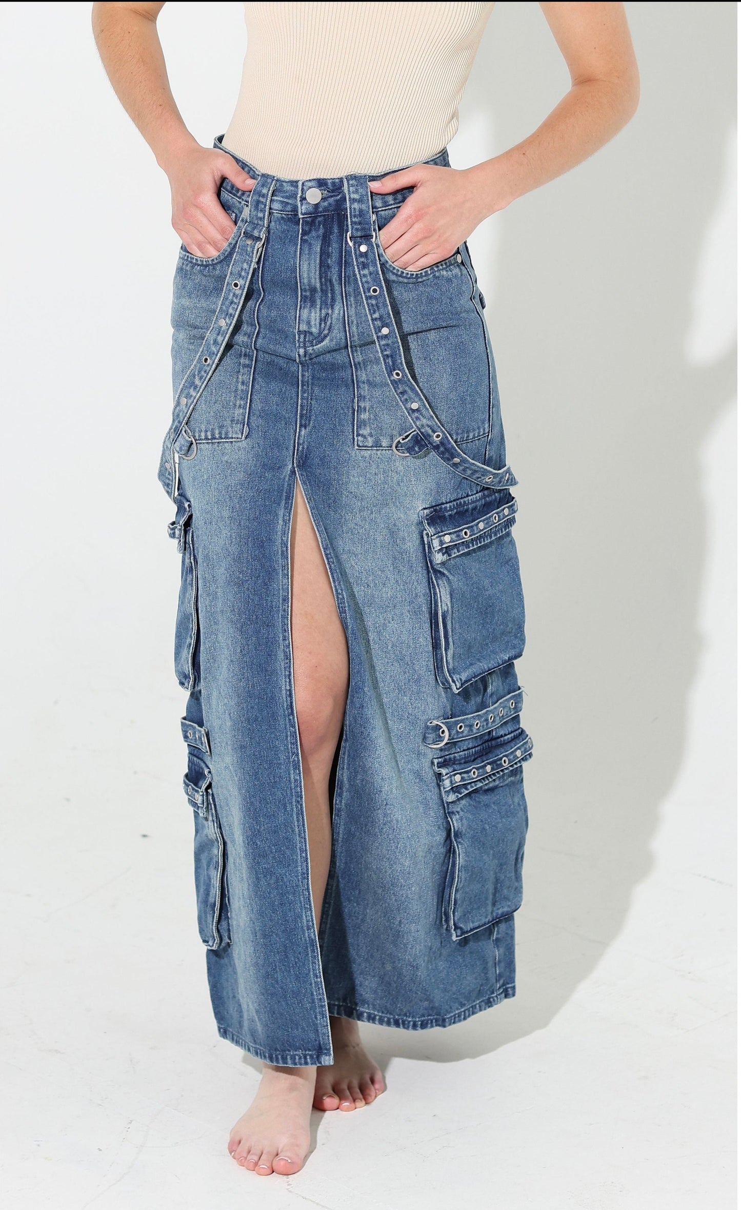 Cargo Denim Midi Skirt